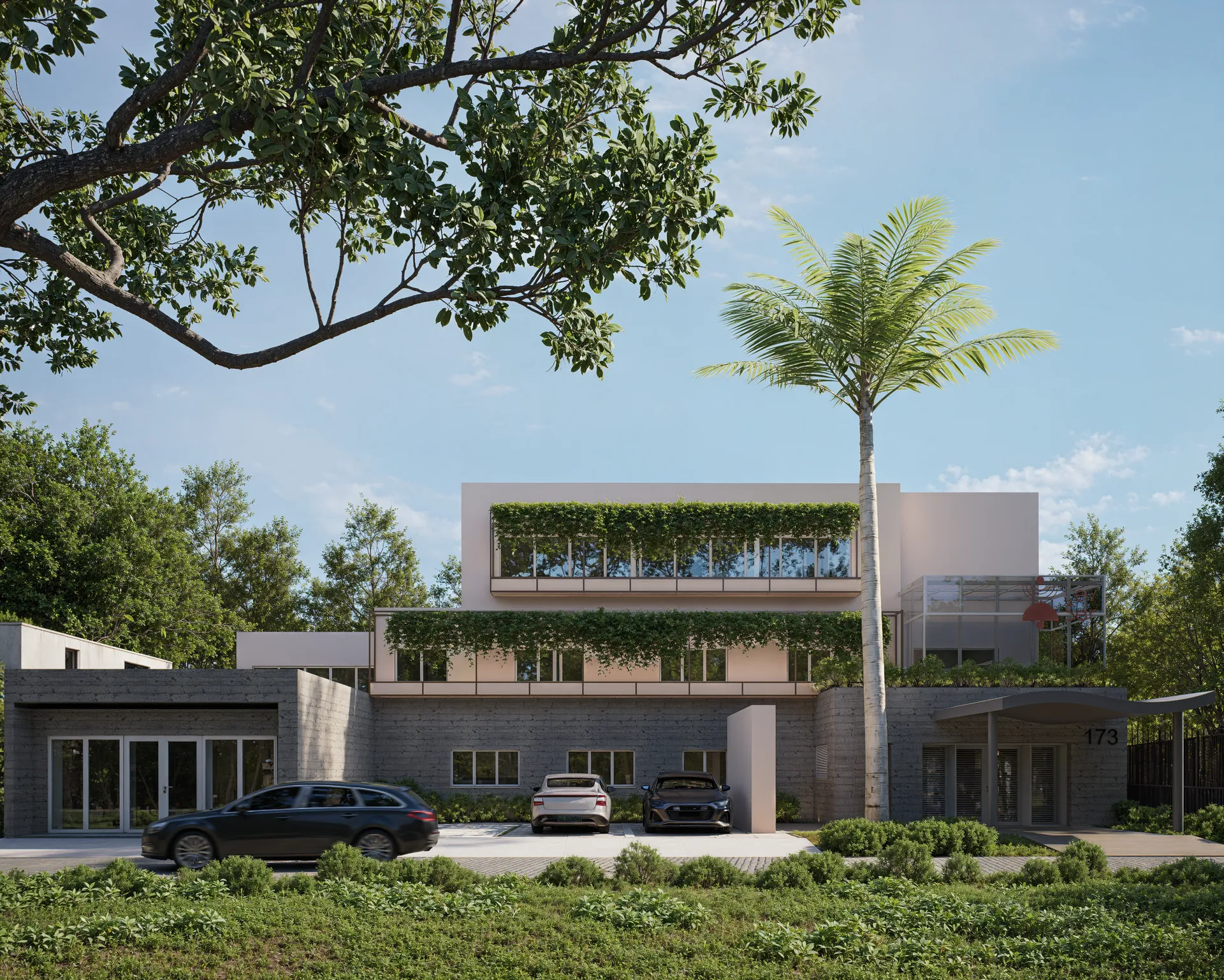Fachada da clínica com jardins nas varandas e palmeira