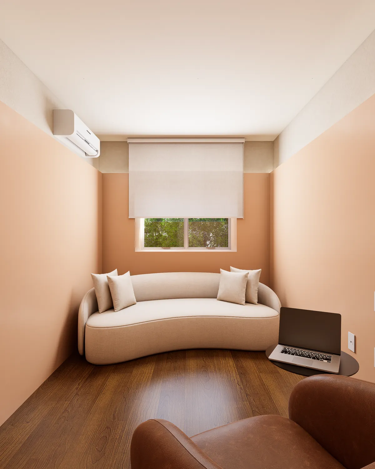 Sala de espera com sofá curvo e paredes cor de pêssego