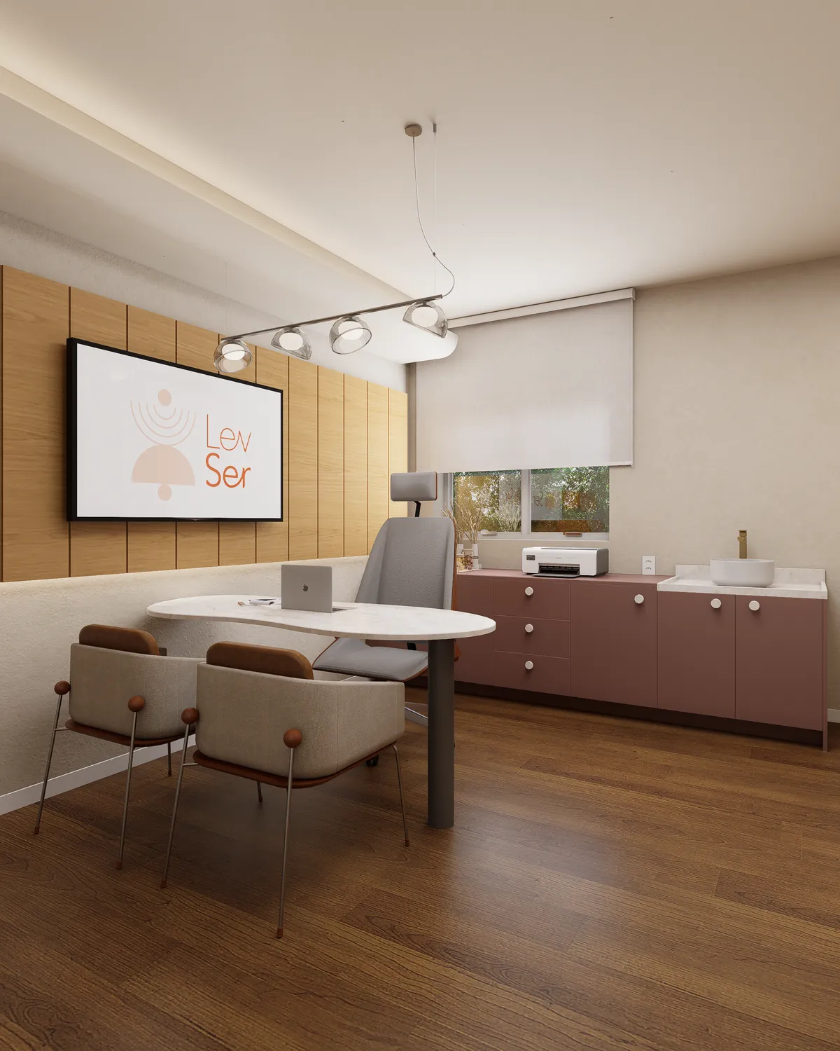 Consultório com painel ripado de madeira e mesa oval